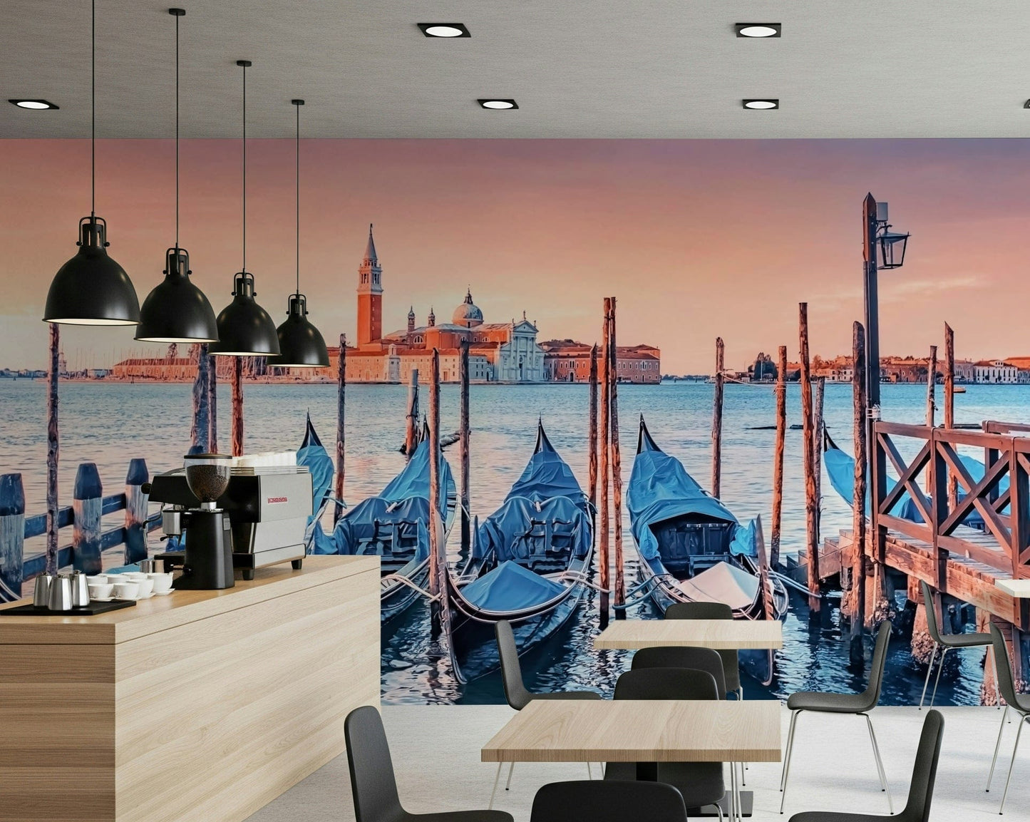 Venice canal mural in hallway, modern home styling in colour