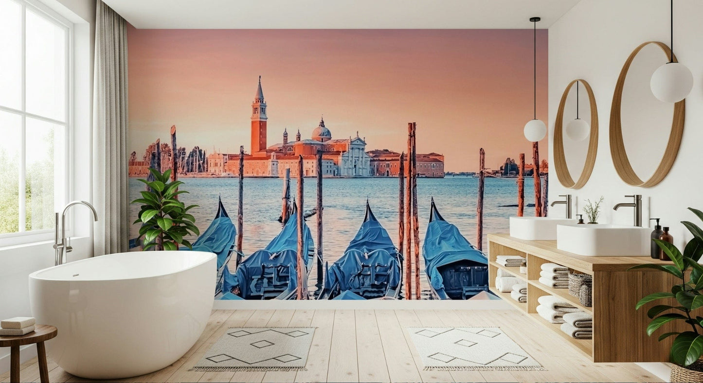Venetian waterfront mural in entryway, calm modern style