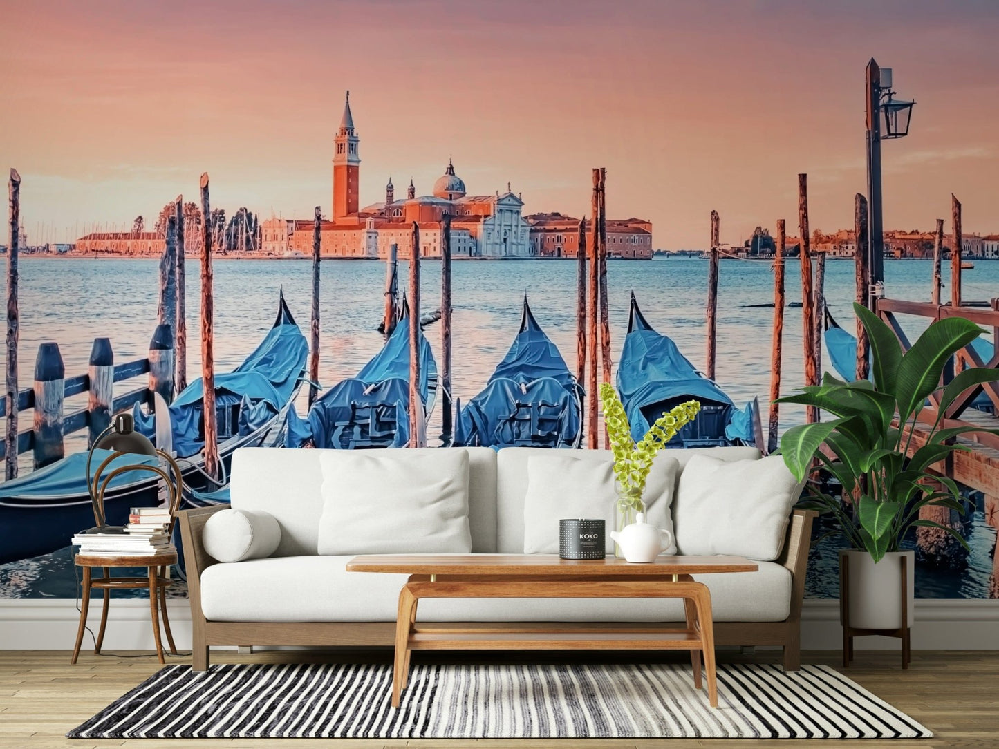 Venetian canal mural in home office, calm modern backdrop