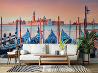 Venetian canal mural in home office, calm modern backdrop
