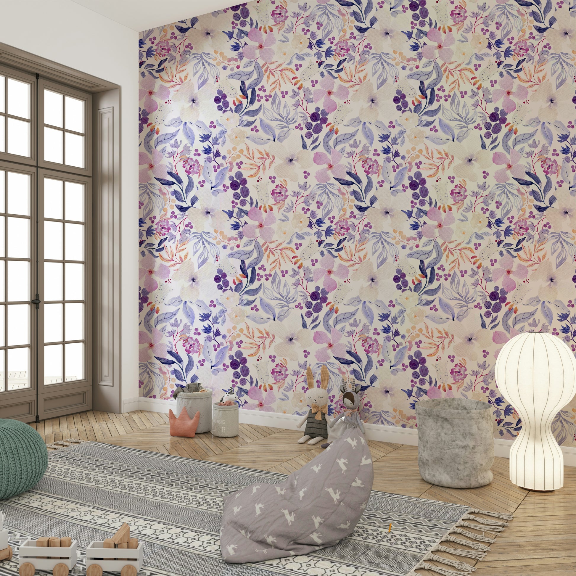 Wall mural featuring blooming watercolor florals

