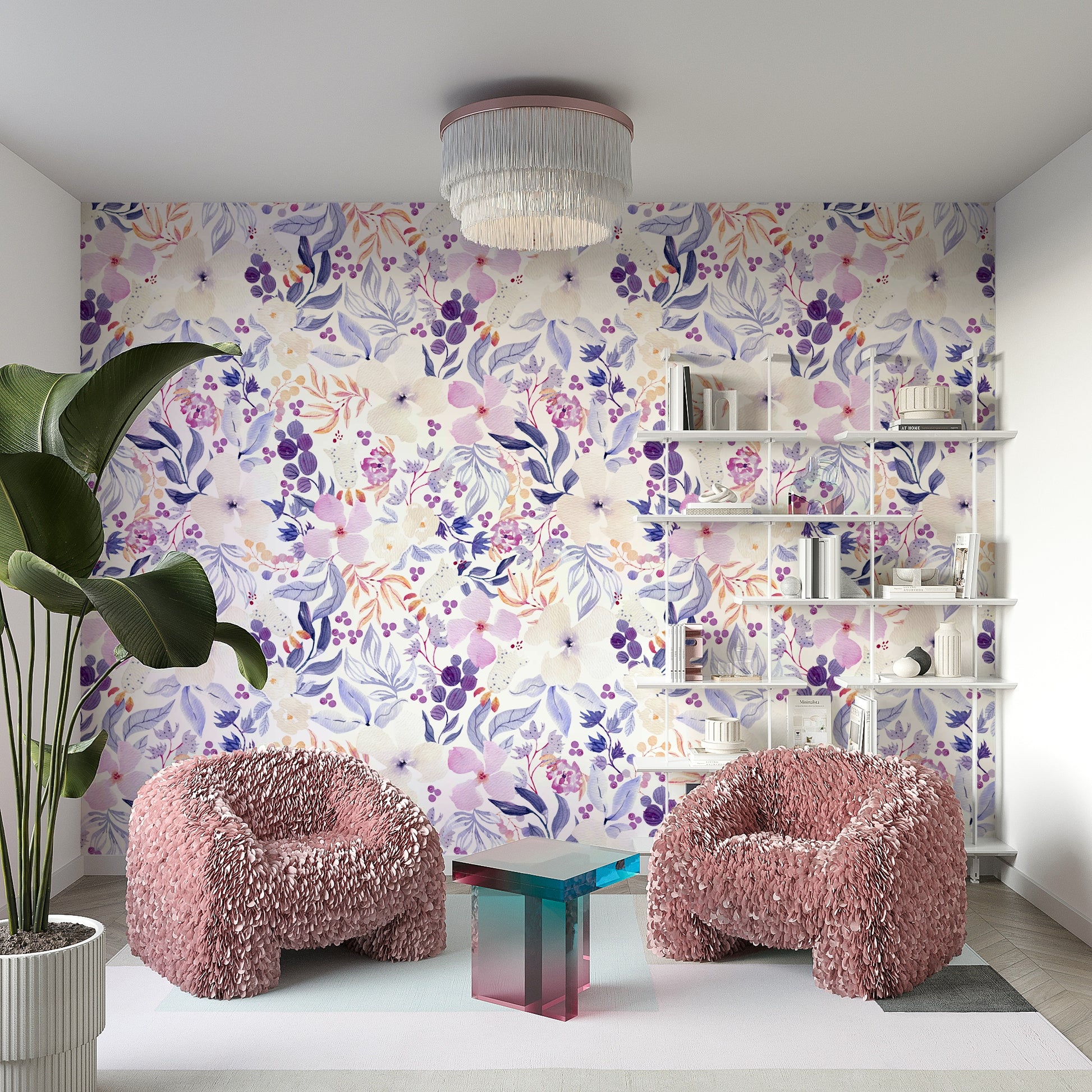 Large-scale blossom mural with watercolor texture

