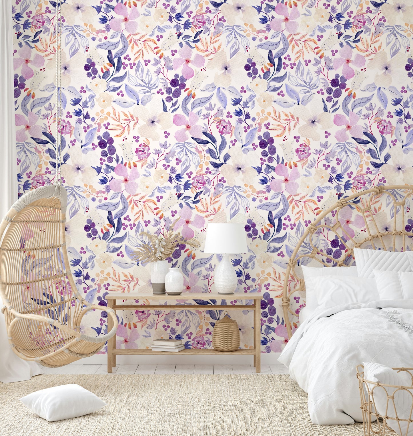 Delicate flower wall mural with serene watercolor art

