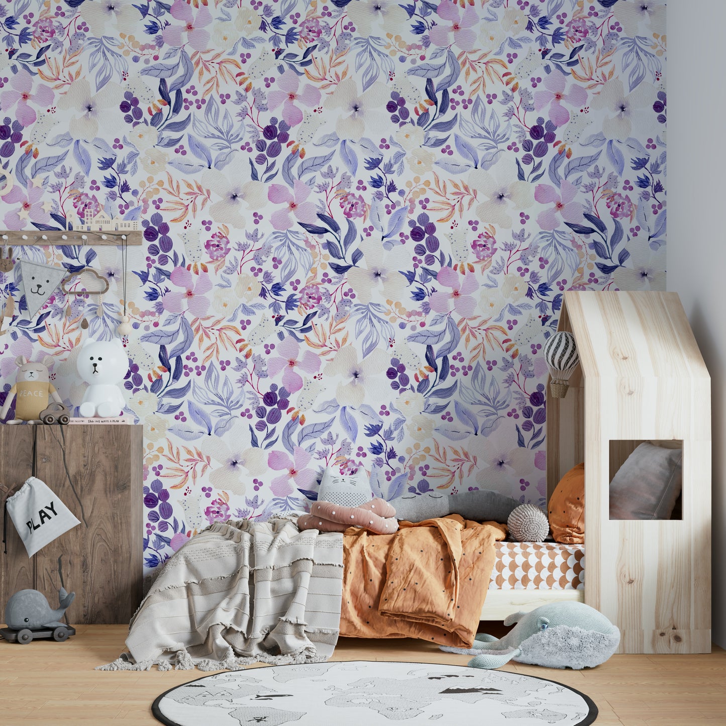 Watercolor floral mural in pastel pink and blush tones

