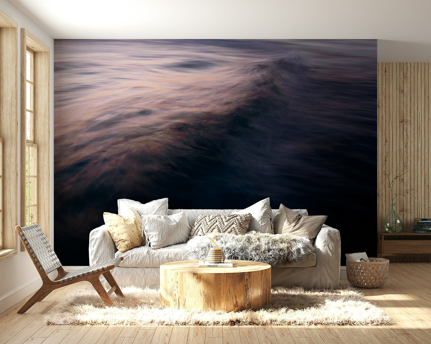 A peaceful open ocean mural on decorative wallpaper.

