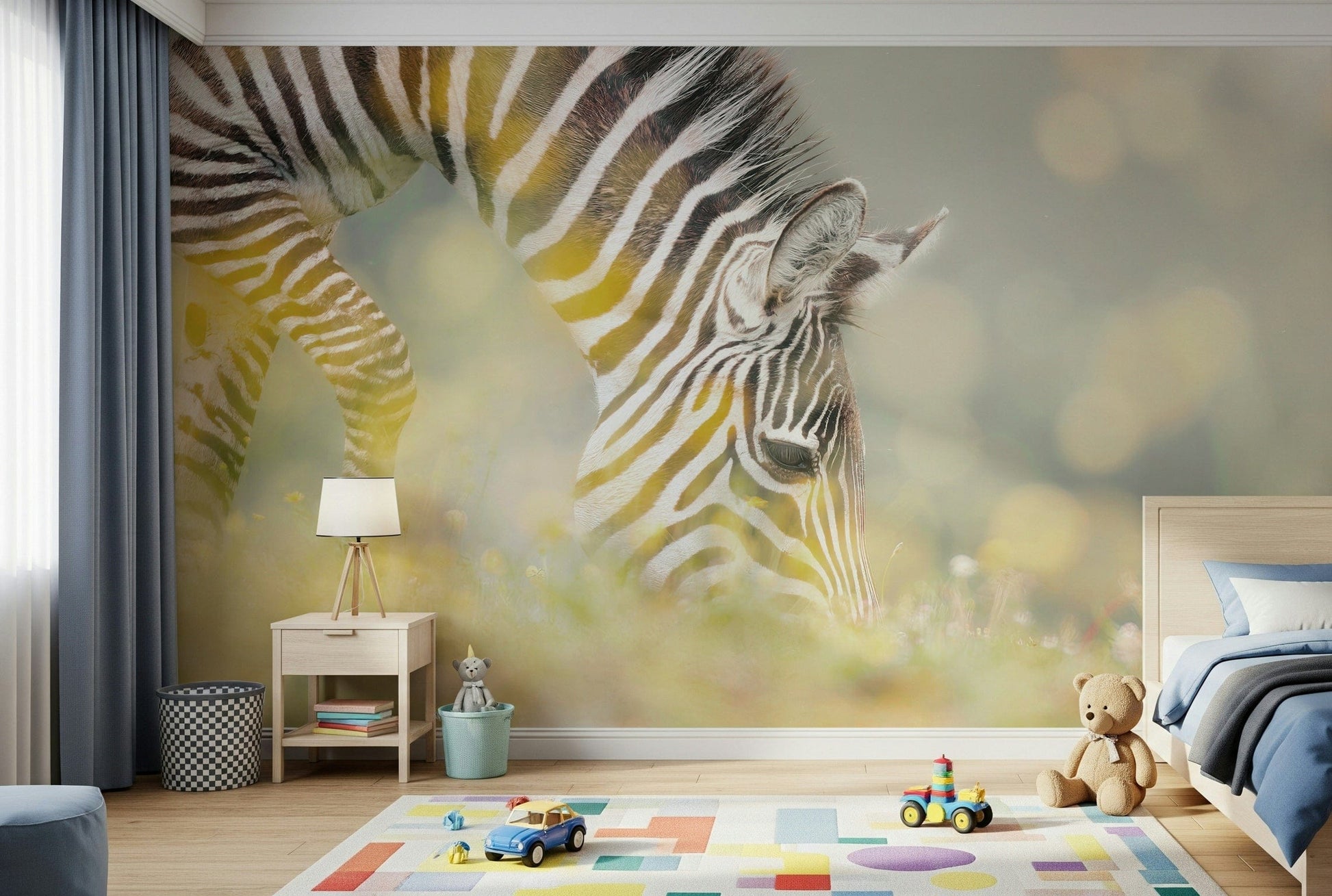 Zebra wallpaper mural as office backdrop, modern workspace with wood desk and plants