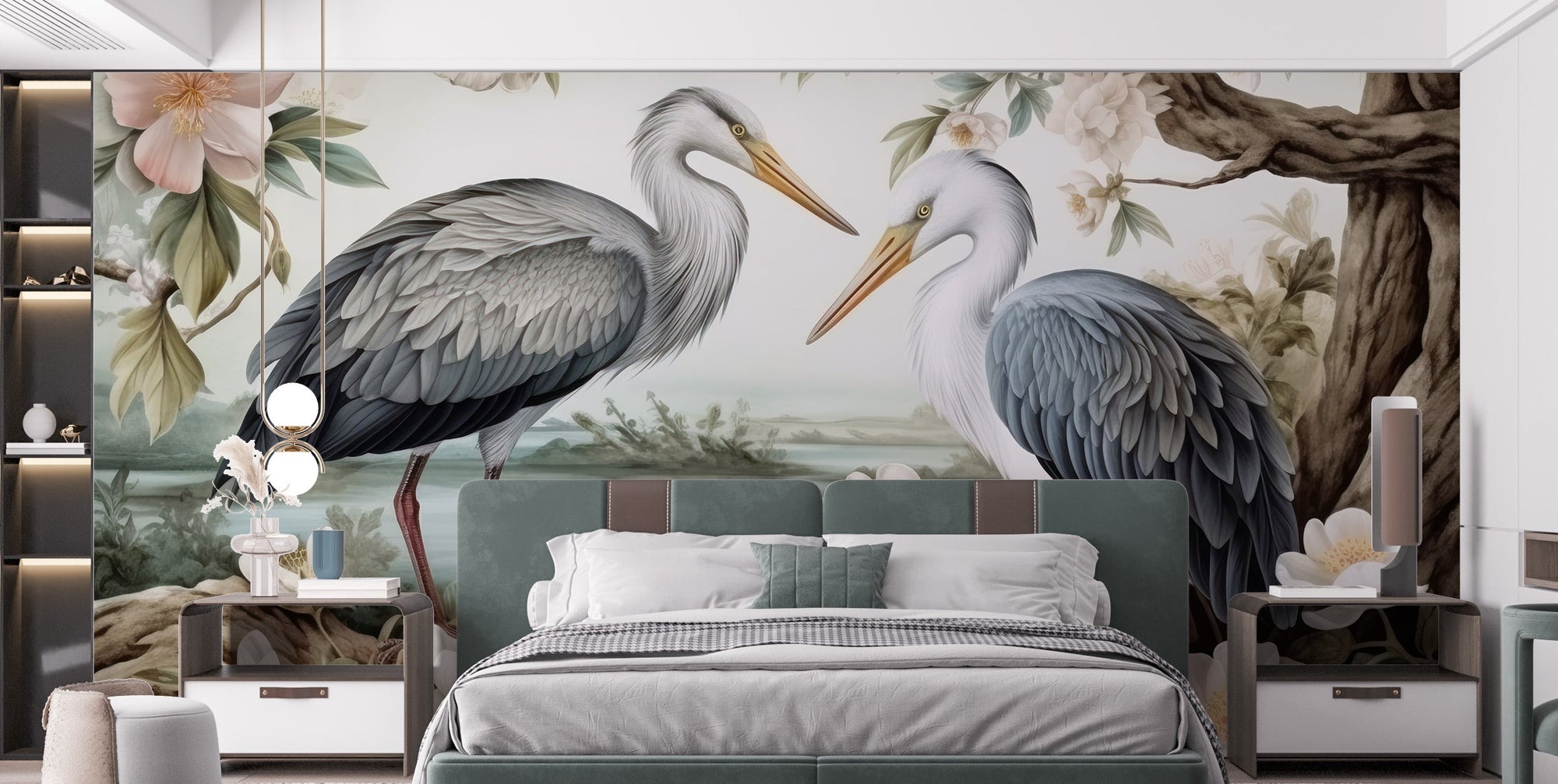 Scenic heron wallpaper mural for nature-inspired walls
