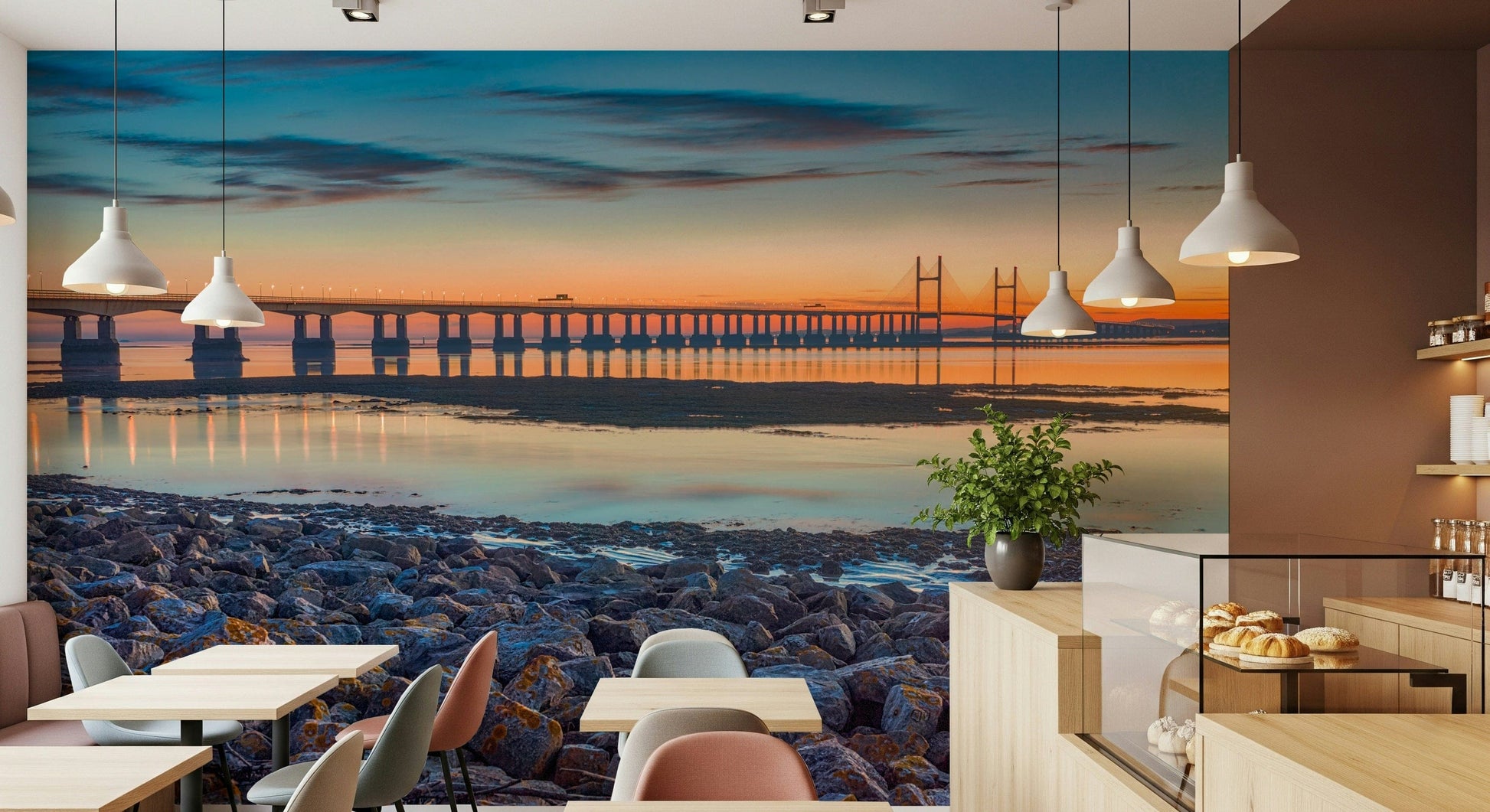 Scenic River Bridge View wallpaper with golden sunset horizon