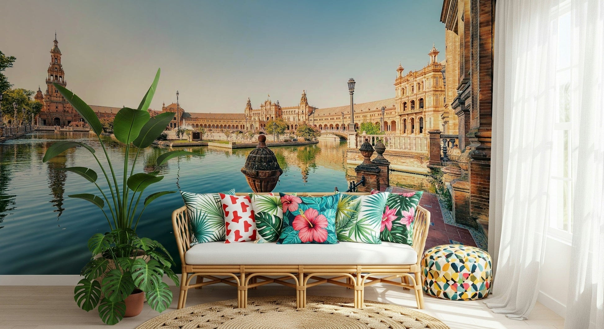 Seville Serenity peel and stick wallpaper Spanish tile walkway.