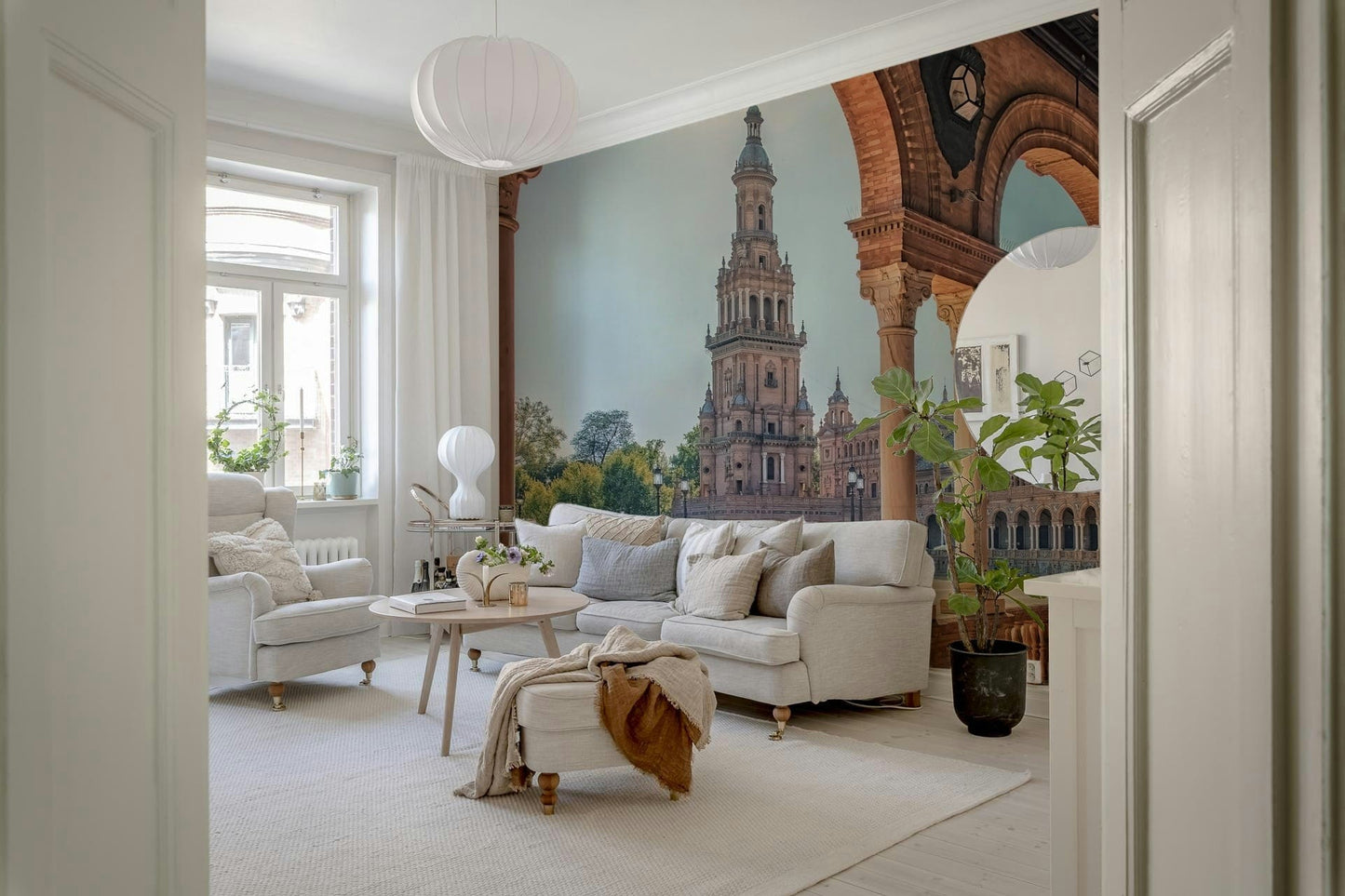 Ancient arched walkways Plaza España: Timeless View Wall Mural wallpaper.