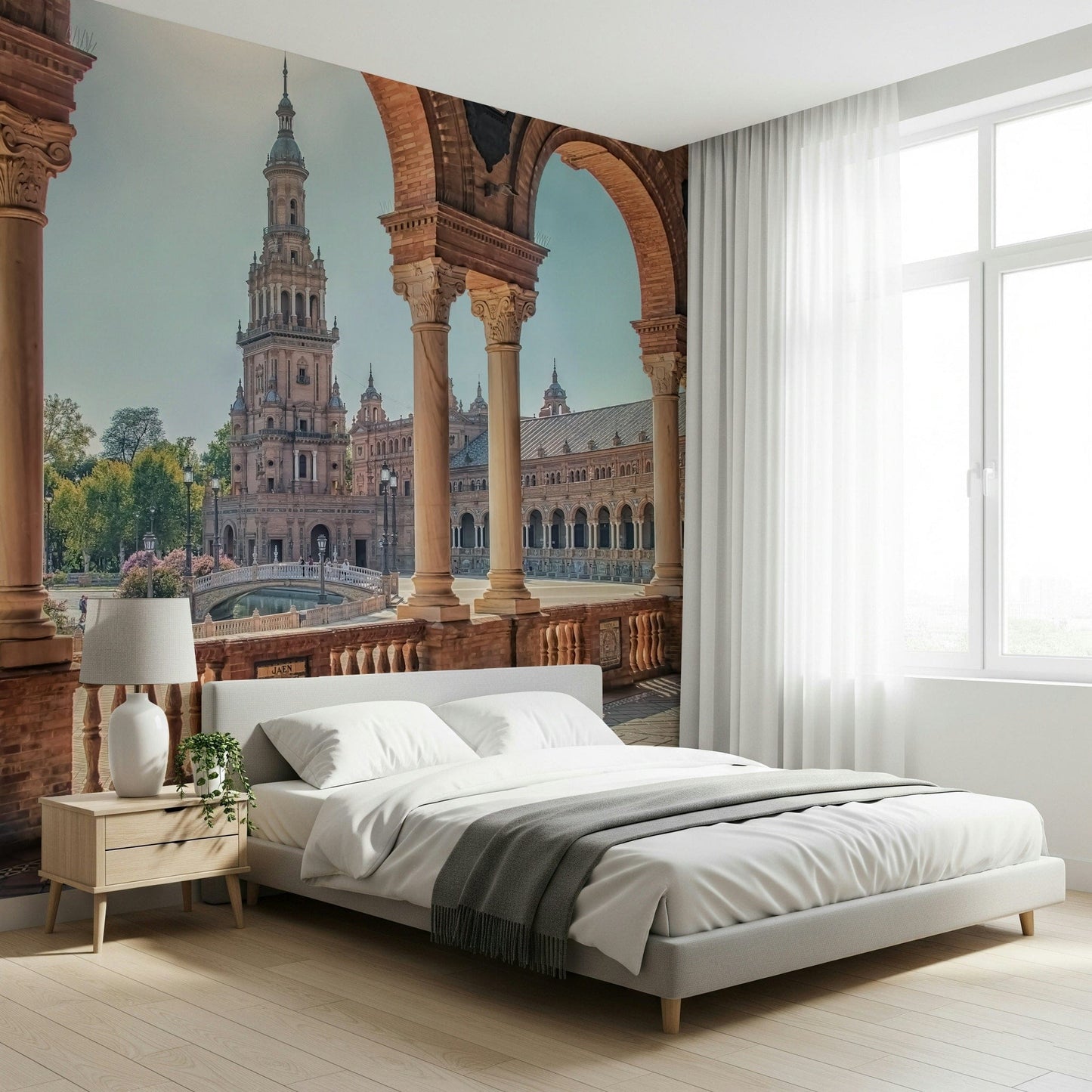 Elegant stone bridges Plaza España: Timeless View Wall Mural wallpaper.