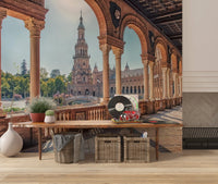Majestic brick tower Plaza España: Timeless View Wall Mural mural.