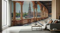 Sunlit canal reflection Plaza España: Timeless View Wall Mural mural.