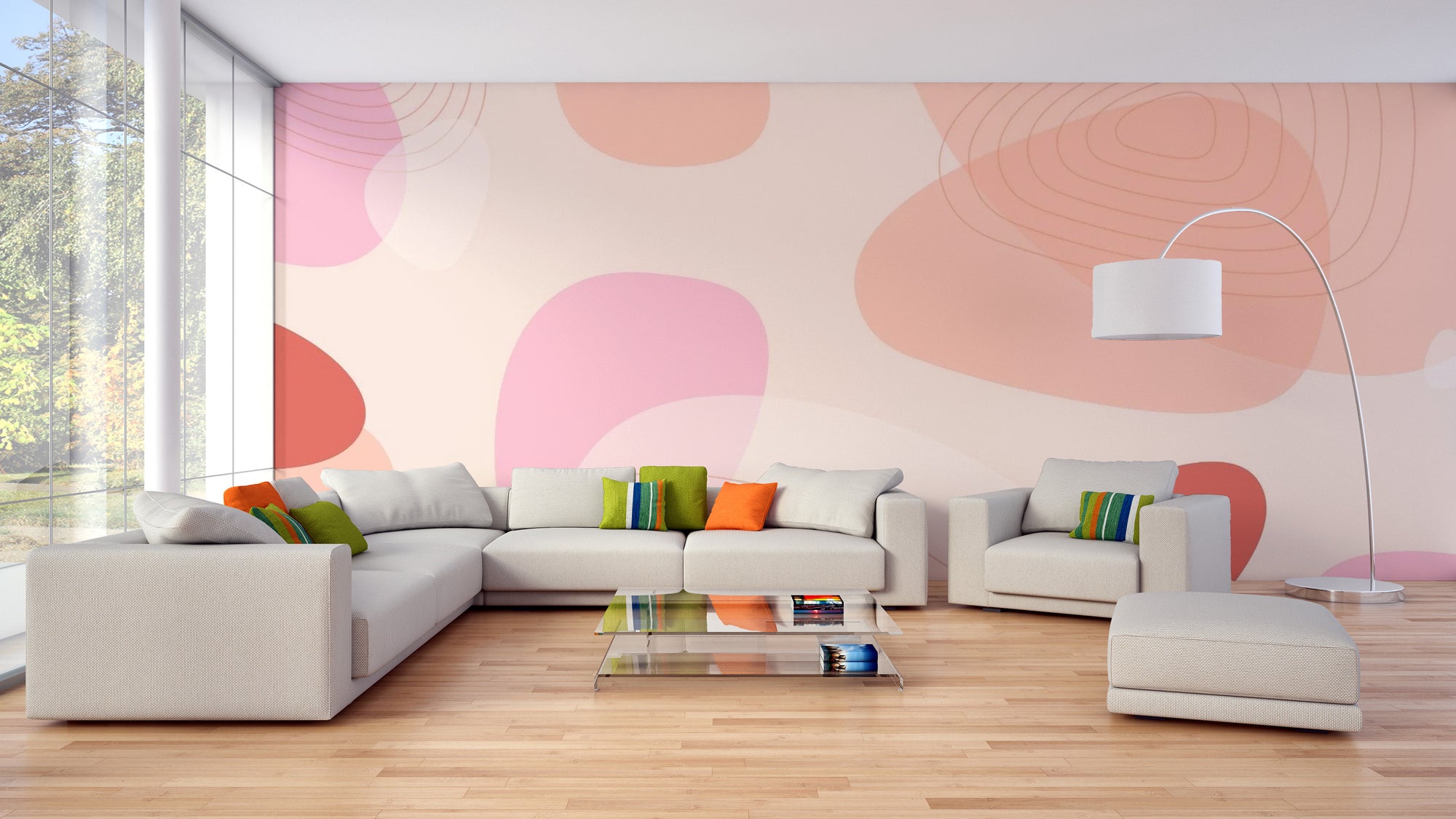 Peach Pink Modern wallpaper mural shown as a full feature wall that highlights the design