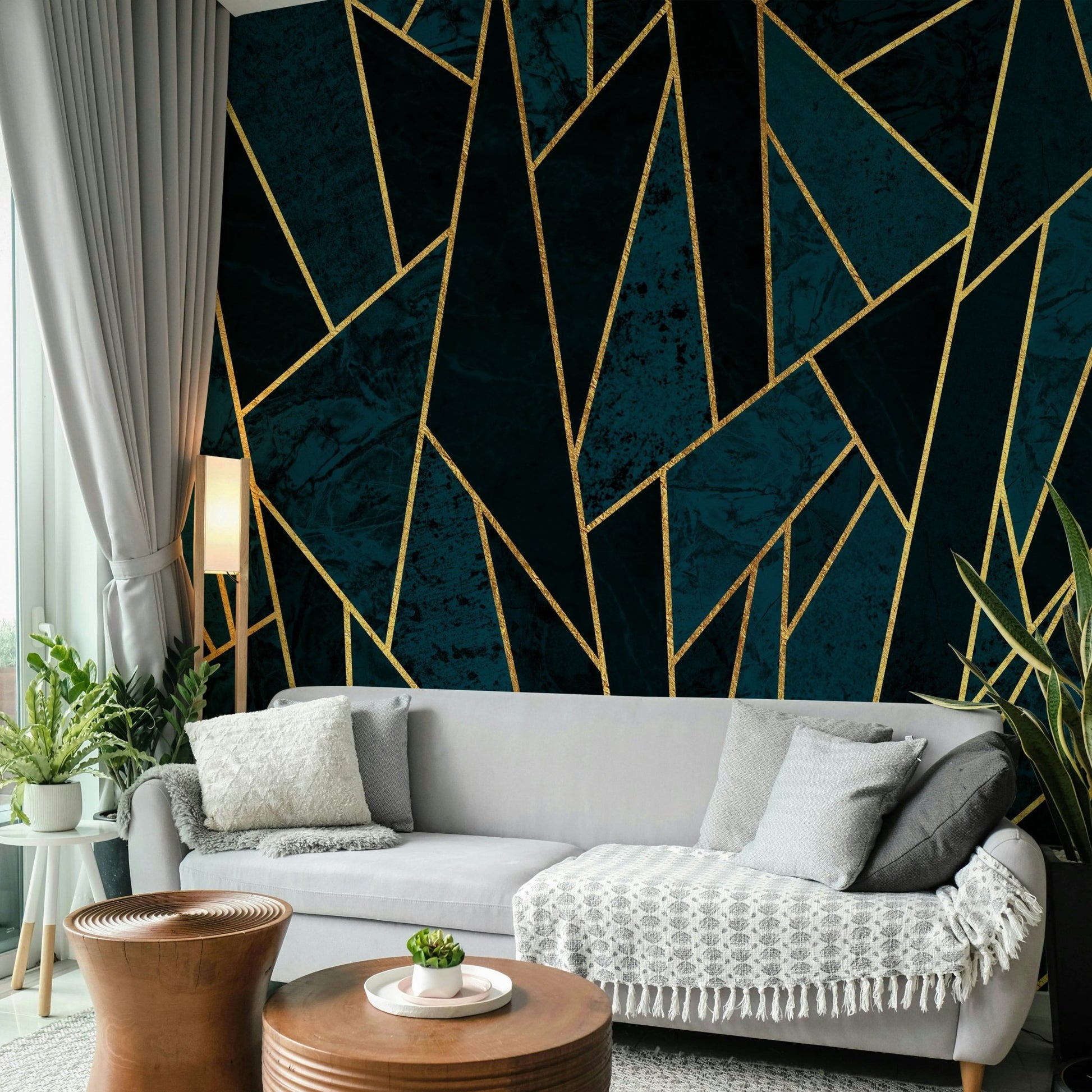 Bold blue and gold mosaic wall mural for modern spaces

