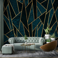 Elegant deep blue and gold mosaic wall mural with shattered design

