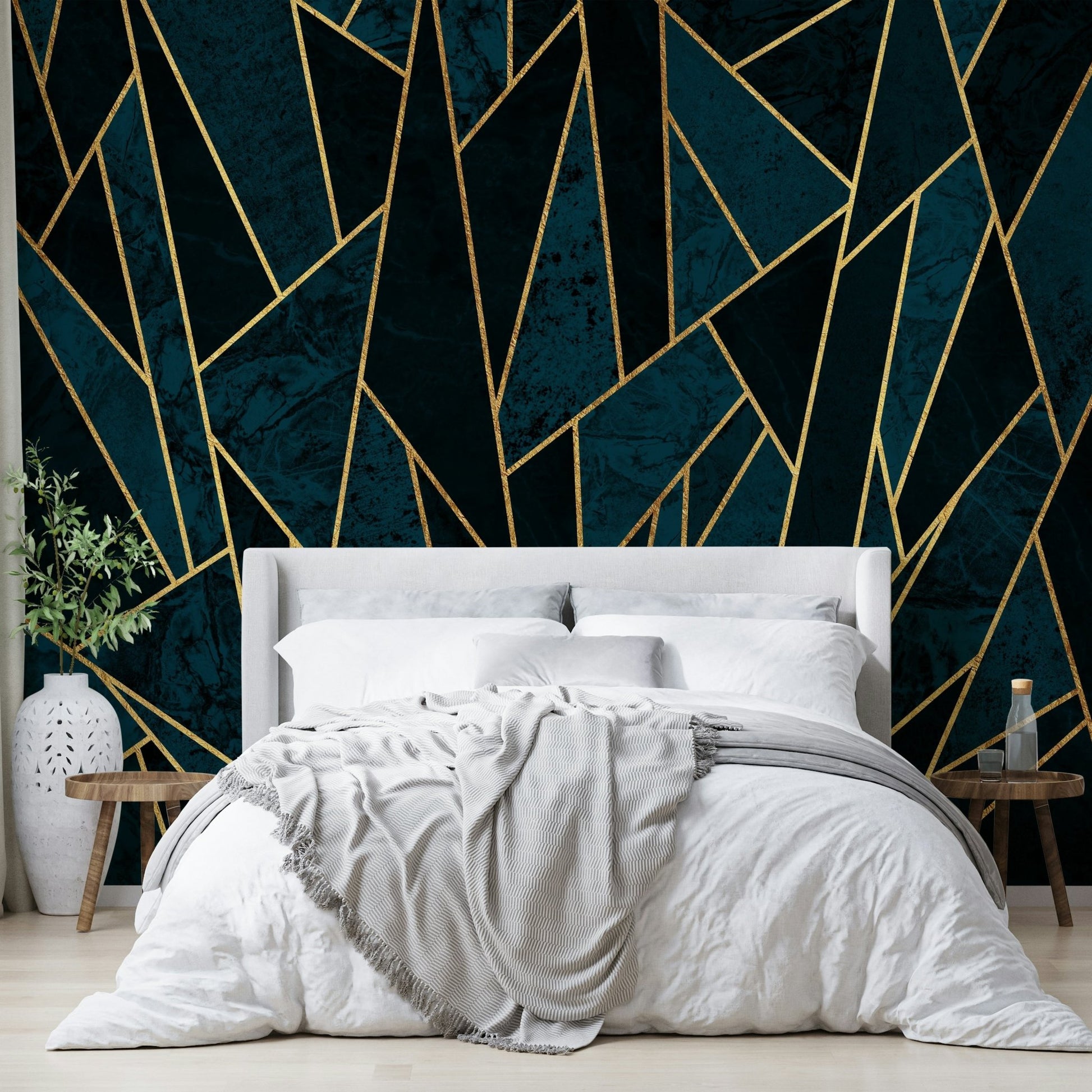 Luxe gold and deep blue mosaic wall mural for sophisticated rooms

