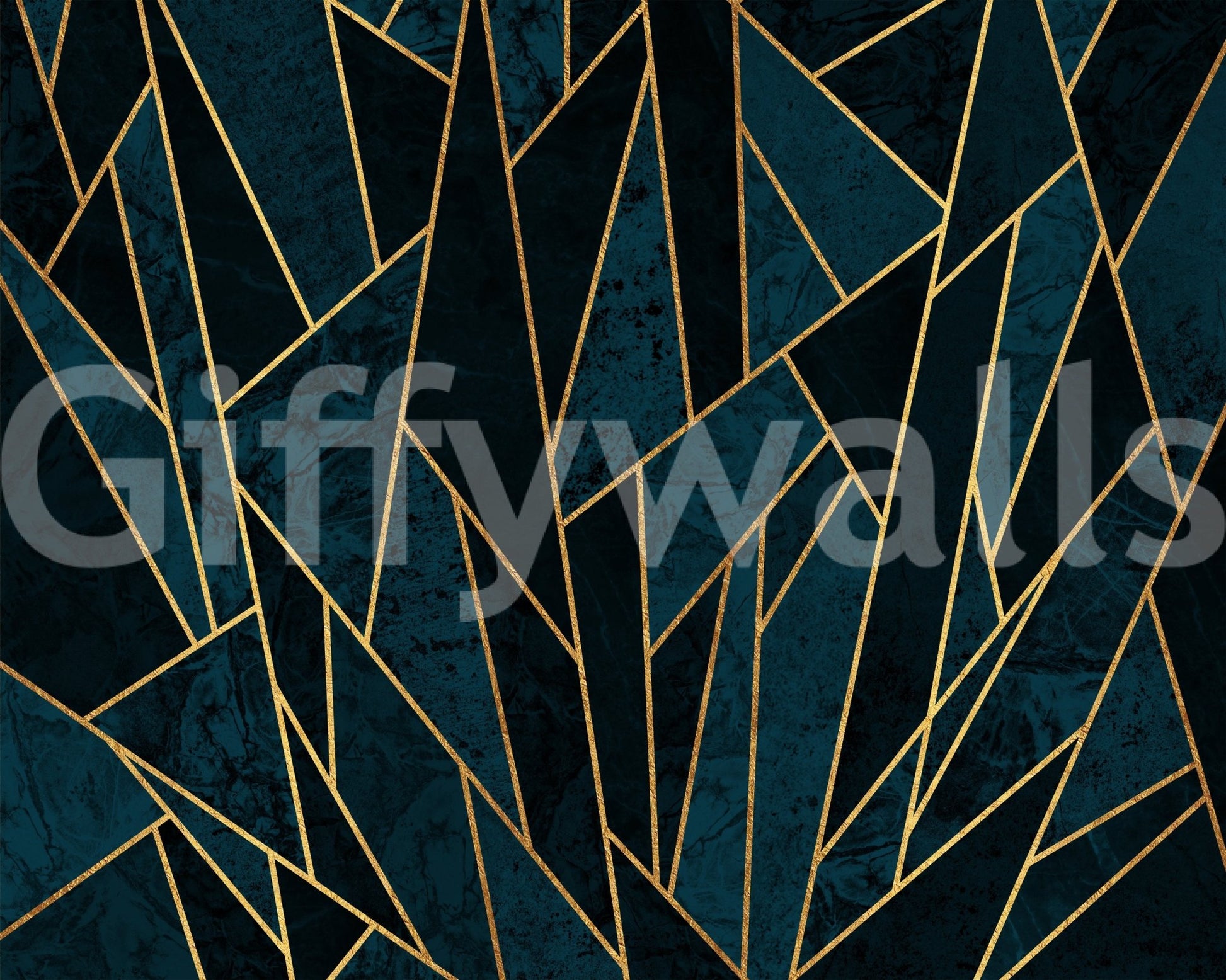 Shattered mosaic mural with deep blue tones and gold accents

