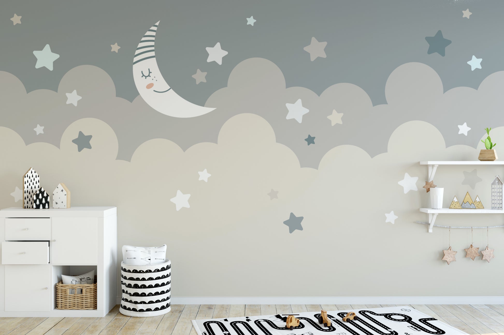 Dreamy cloud and star mural wallpaper