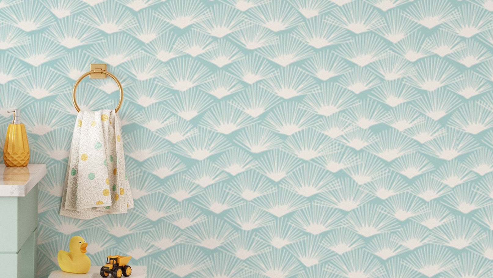 Abstract Aqua Fronds wallpaper with flowing leaf patterns.
