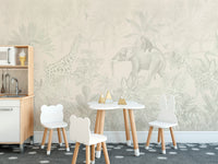 Beige-toned rainforest mural with wildlife elements.




