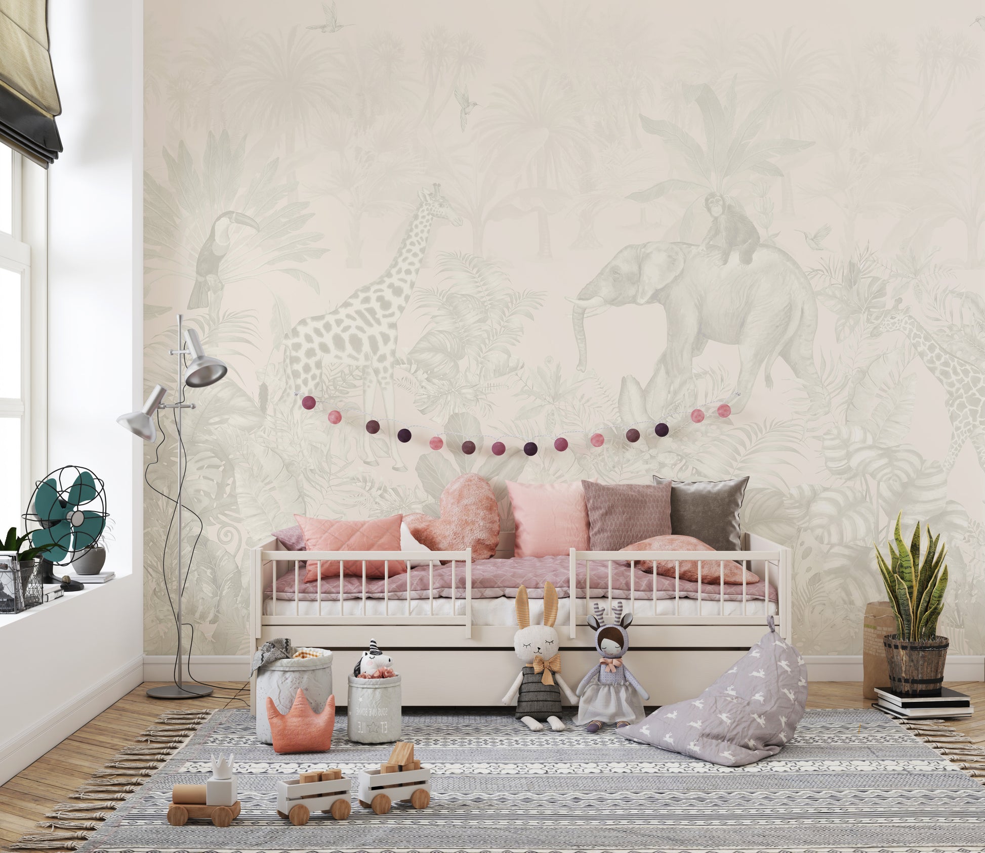 Tropical wallpaper with beige and muted greens.
