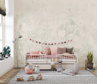 Tropical wallpaper with beige and muted greens.
