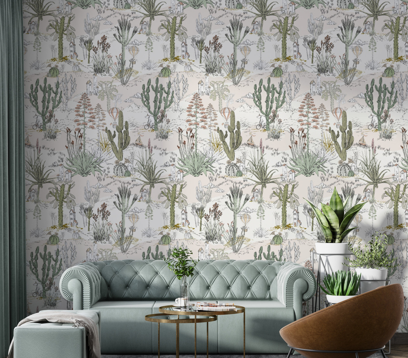 Enchanted cactus wallpaper with soft desert hues for your home.