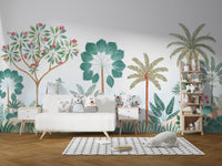 Lush jungle-inspired wallpaper featuring palm trees design.
