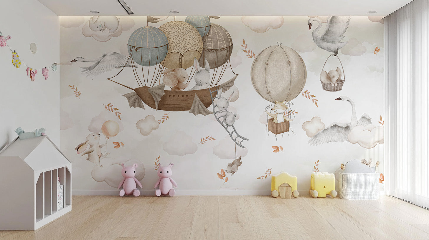 Cloud-Hopping Critters wallpaper mural of balloons and swans beside a white house shelf and pink pig toys