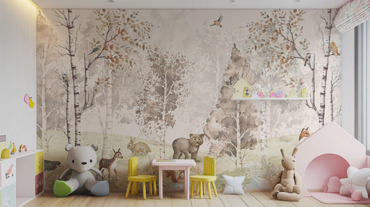 Magical Menagerie Woodland wallpaper mural in sepia birch trees behind a teddy bear and yellow chairs in a kids playroom