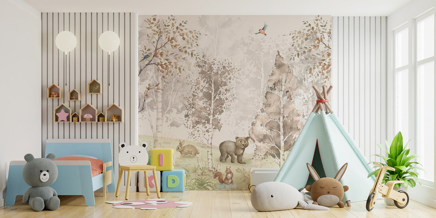 Magical Menagerie Woodland wallpaper mural in beige forest behind a blue kids bed and mint teepee in a bedroom