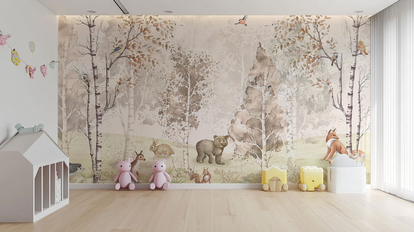 Magical Menagerie Woodland wallpaper mural with a bear cub and rabbits beside pink pig toys in a kids room