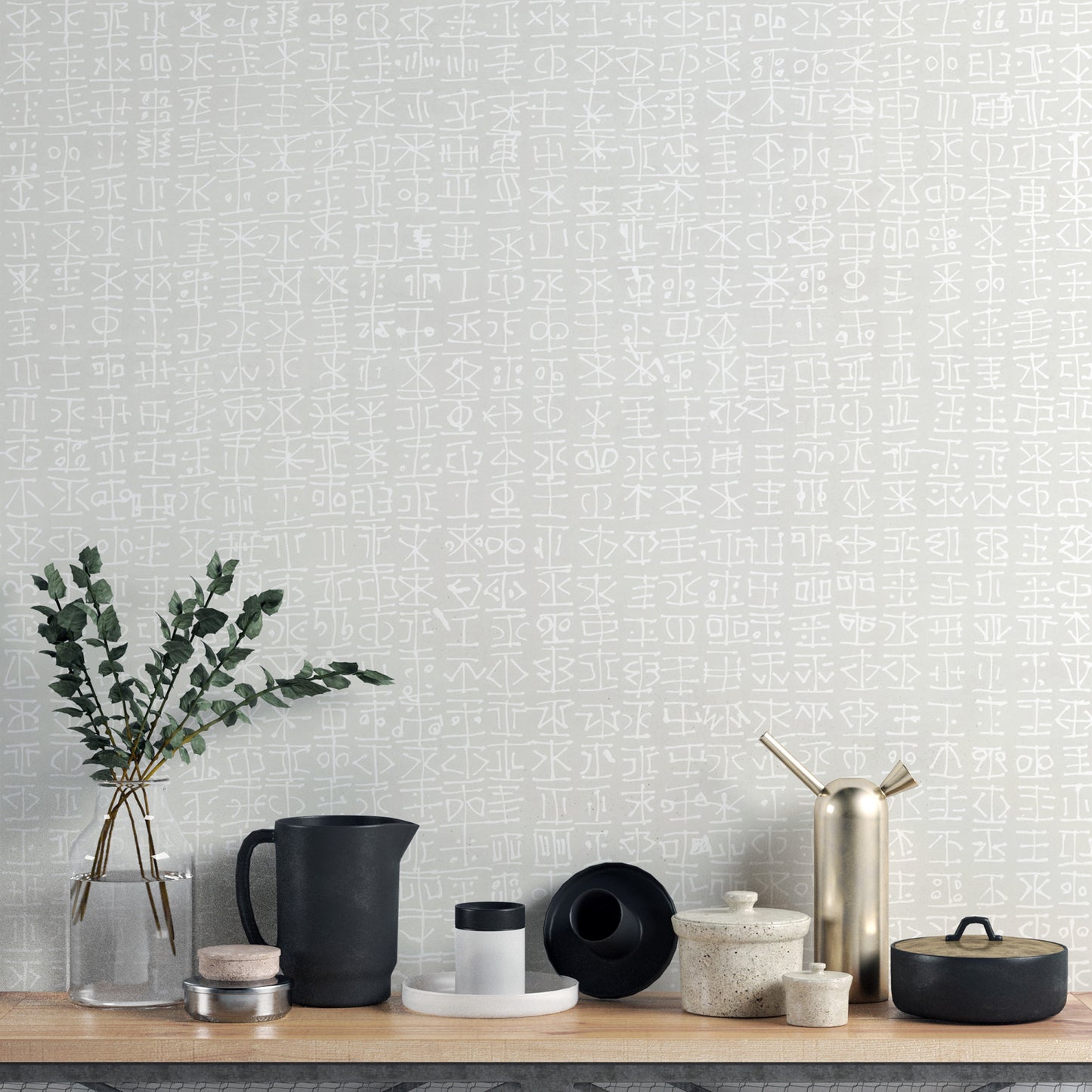 Light grey wallpaper mural showcasing white grid patterns.
