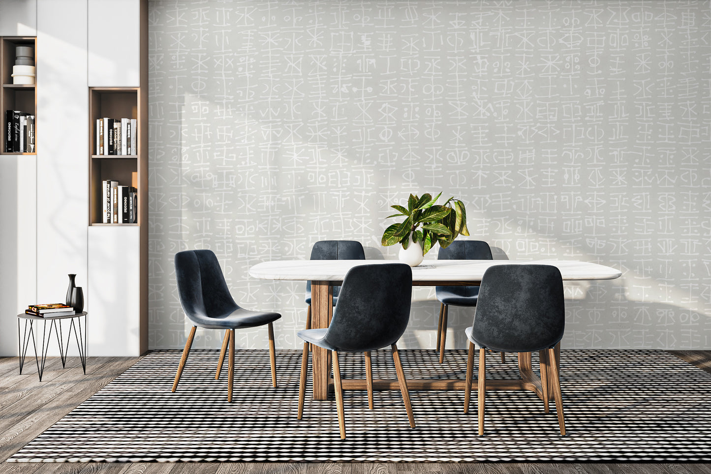 Modern grey wallpaper mural featuring subtle white grid designs.
