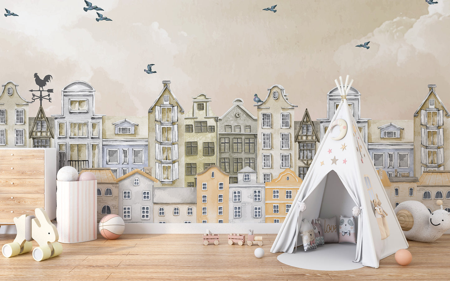 Temporary Parisian Dream Wall Mural in a kids playroom featuring a white teepee tent and wooden floors.