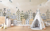Temporary Parisian Dream Wall Mural in a kids playroom featuring a white teepee tent and wooden floors.