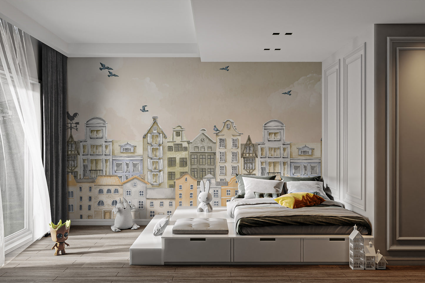 Self adhesive Parisian Dream Wall Mural in a sleek modern bedroom with a large window and grey accents.