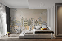 Self adhesive Parisian Dream Wall Mural in a sleek modern bedroom with a large window and grey accents.