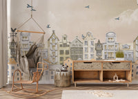 Removable Parisian Dream Wall Mural in a modern lounge with a green armchair and a white rocking horse.