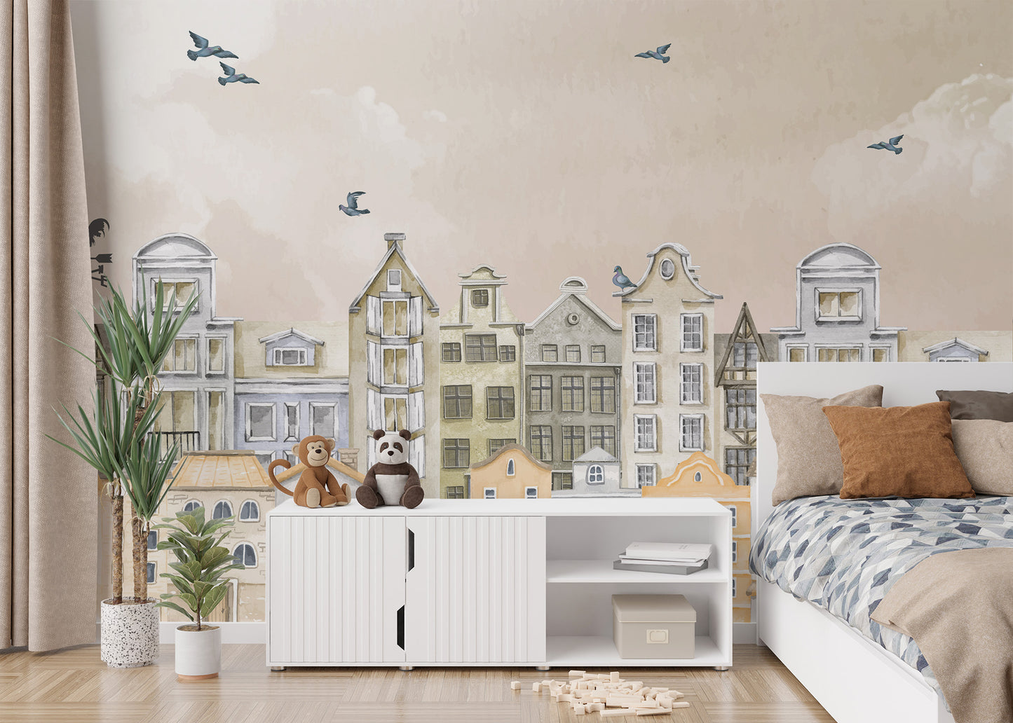 Removable self adhesive Parisian Dream Wall Mural in a bedroom with a white storage unit and comfy bed.