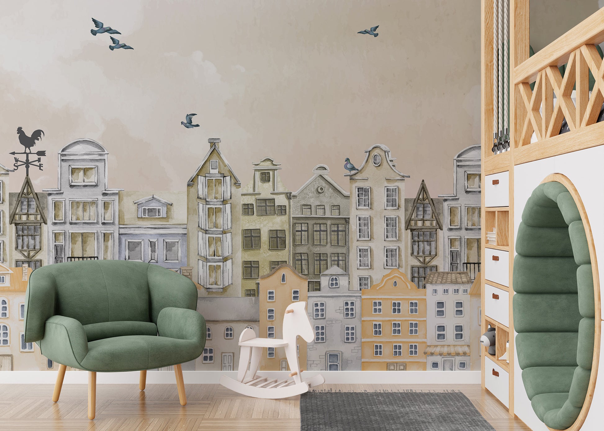 Premium canvas Parisian Dream Wall Mural in a creative kids room with a built-in circular window nook.
