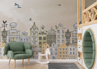 Premium canvas Parisian Dream Wall Mural in a creative kids room with a built-in circular window nook.