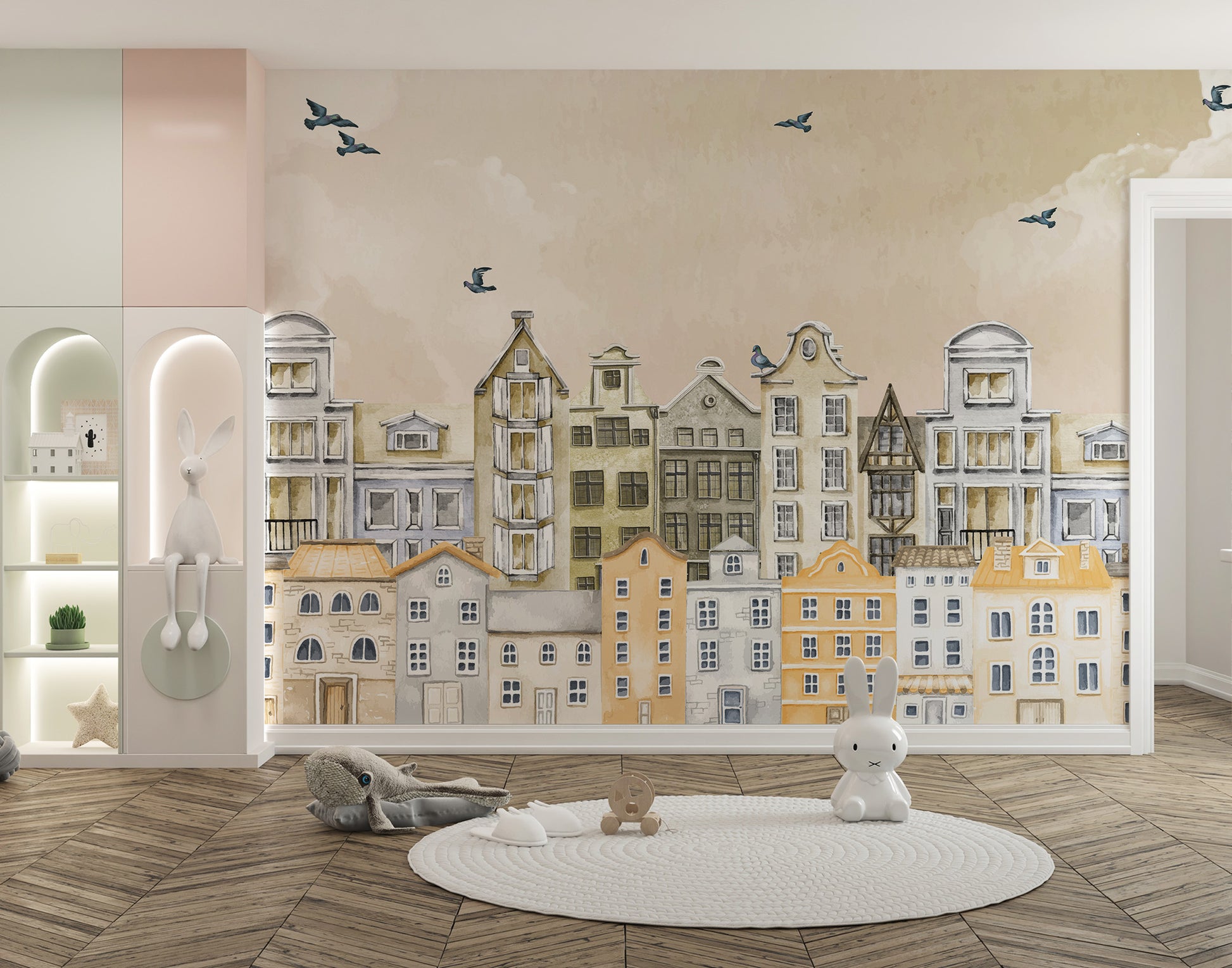 Premium Parisian Dream Wall Mural in a minimalist playroom featuring a round white rug and natural light.