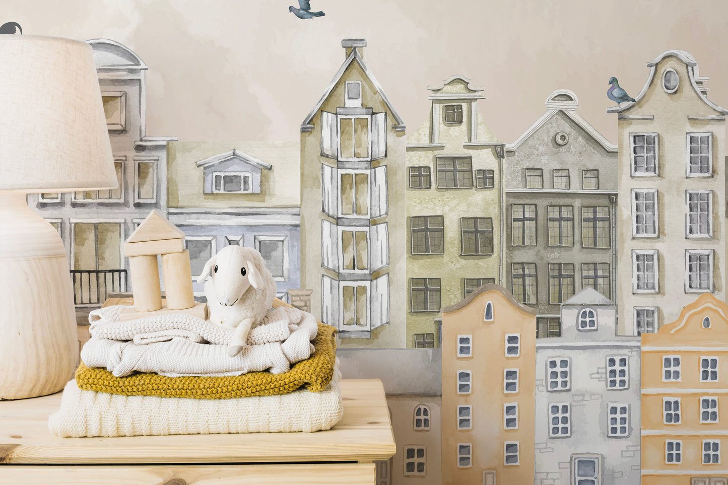 Close up of Parisian Dream Wall Mural on canvas behind a nightstand with a lamp and cute plush toy.