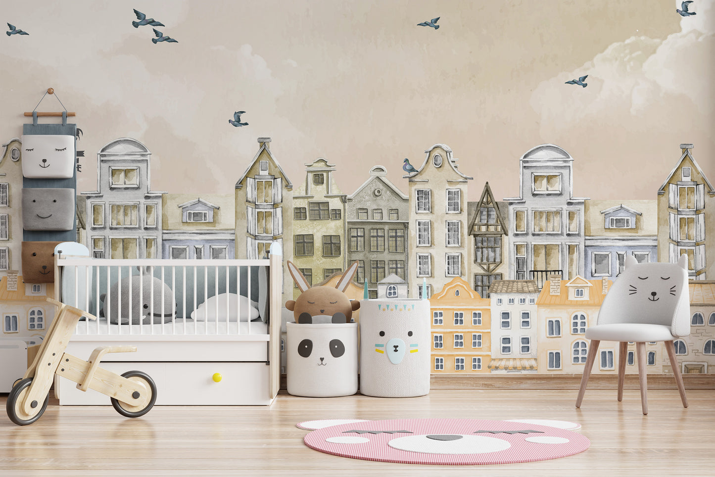 Parisian Dream Wall Mural in a nursery with a white crib and bear rug using peel and stick material.