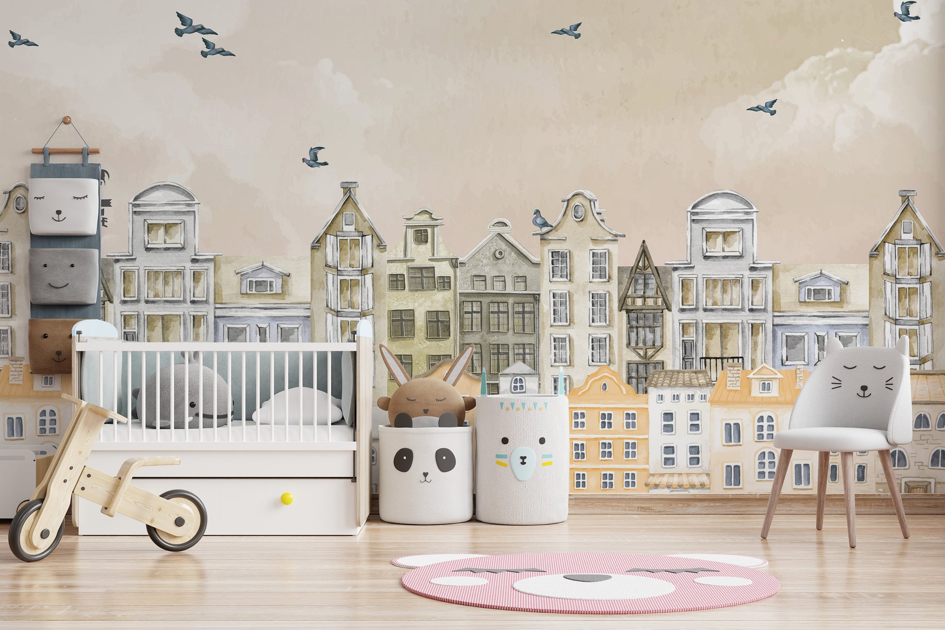 Parisian Dream Wall Mural in a nursery with a white crib and bear rug using peel and stick material.