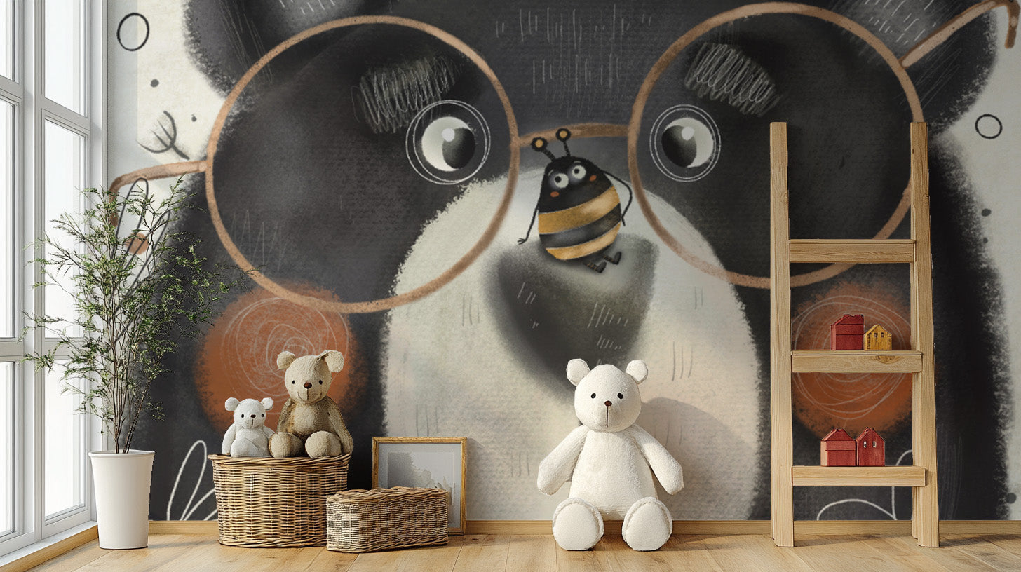 Creative Bear Face wallpaper mural of a grey bear in glasses with a bee, behind teddy bears and a ladder shelf