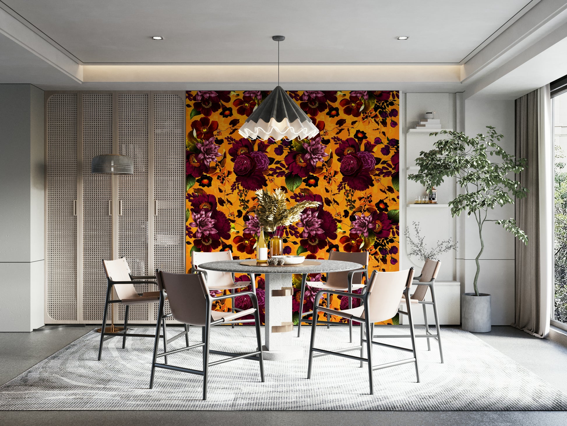 Heritage-style floral wallpaper with moody, dramatic undertones

