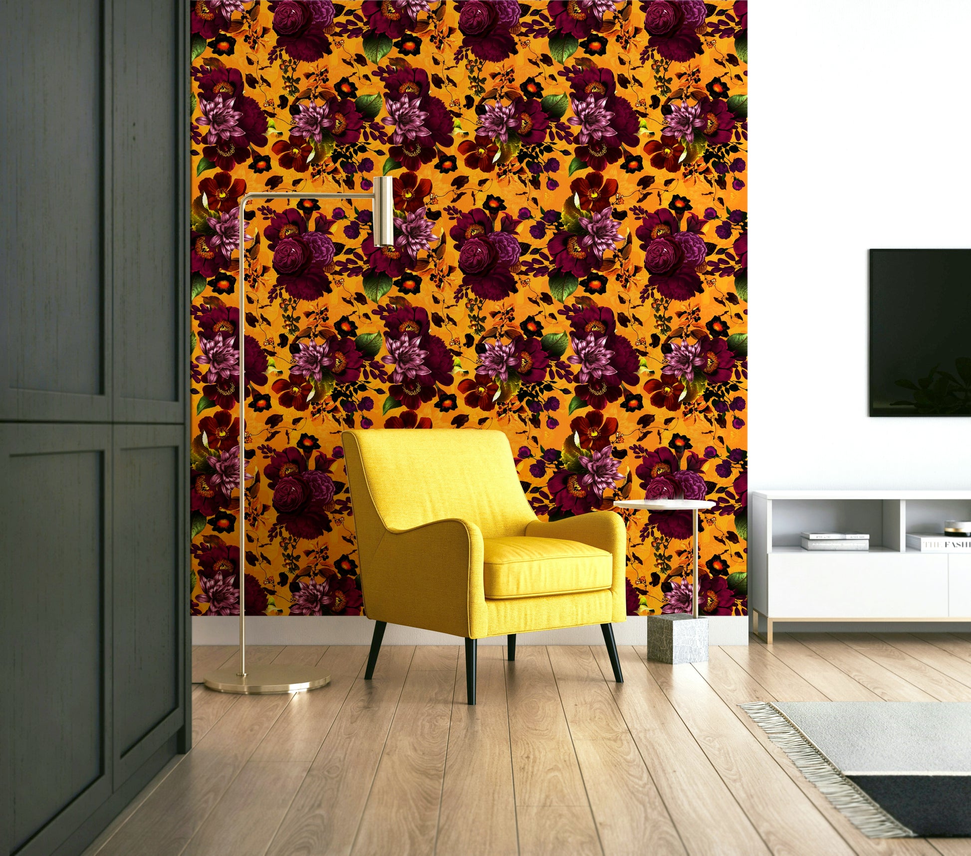 Dramatic floral wallpaper with rich, dark tones and heritage flair

